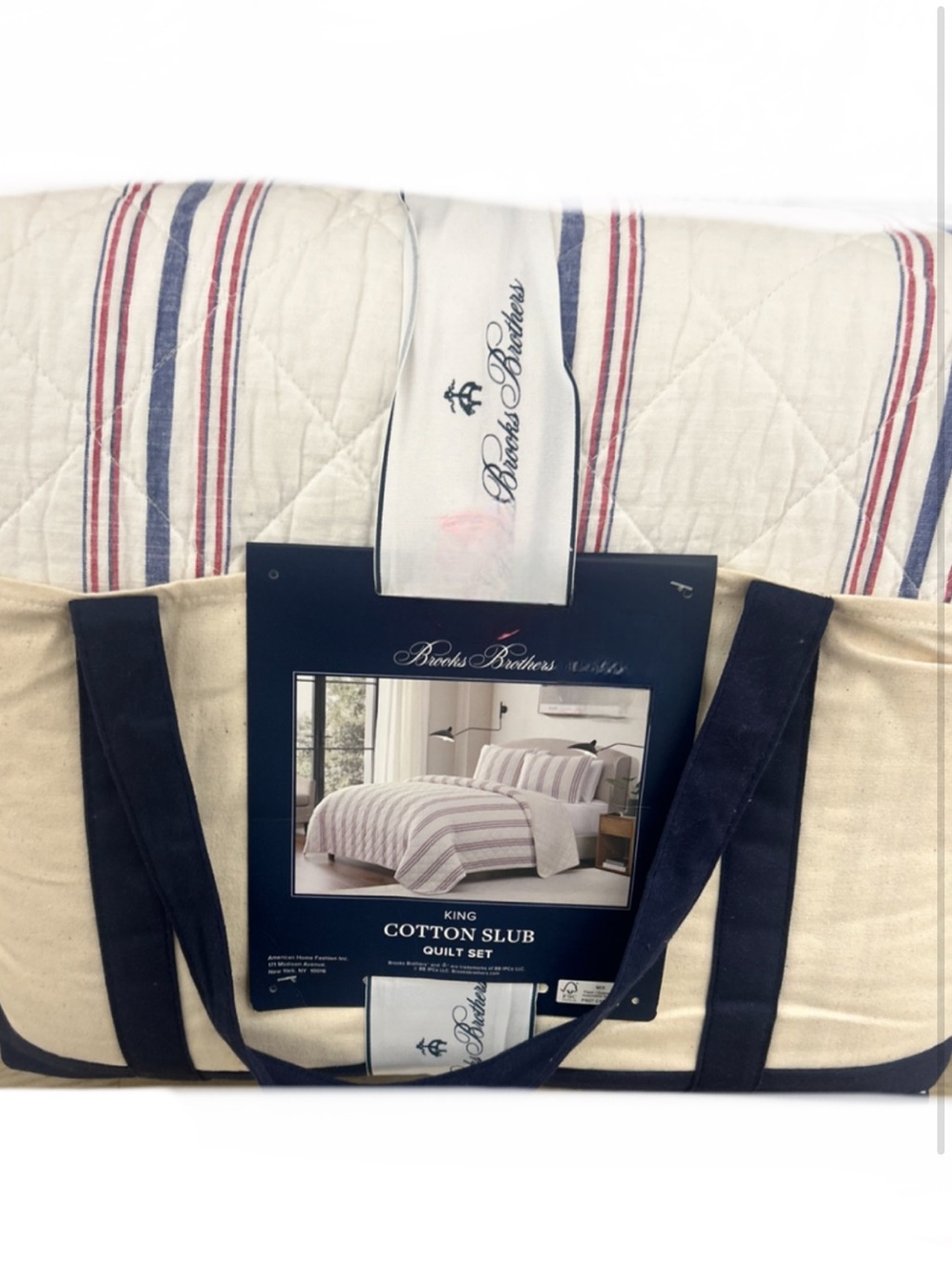Brooks Brothers Blue, Red and White Striped King Cotton Slub Quilt Set 106”x92”